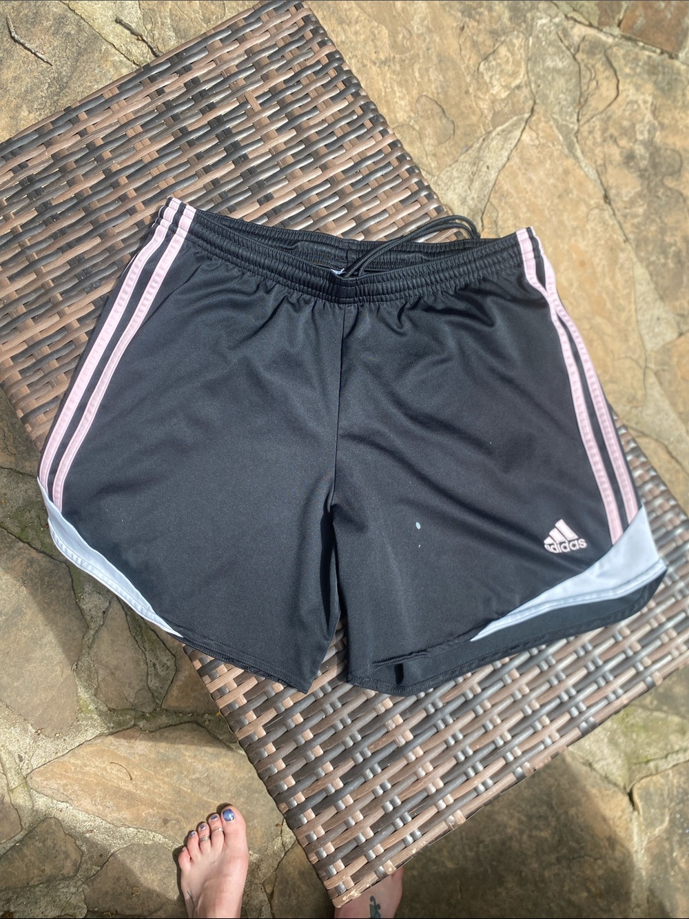 adidas Black Athletic Shorts with Pale Pink Stripes and White Trim